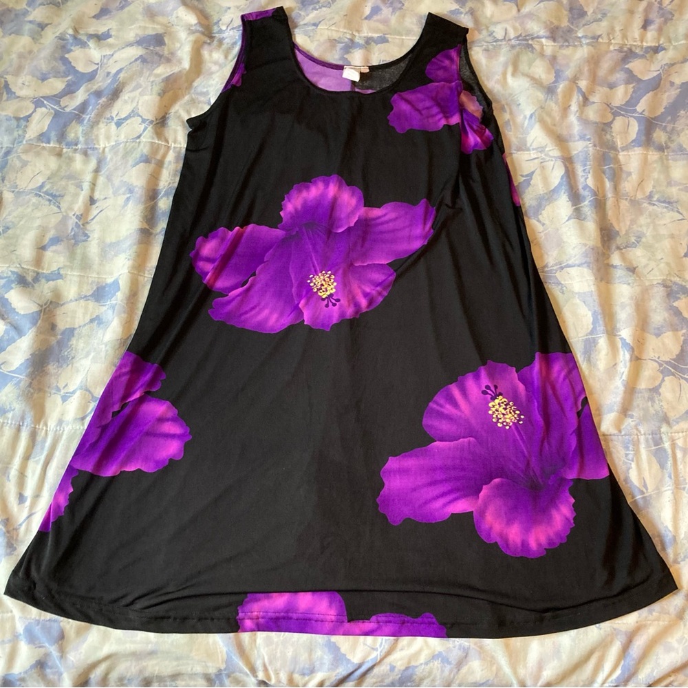Sleeveless Beach Tank Dress with purple hibiscus floral print